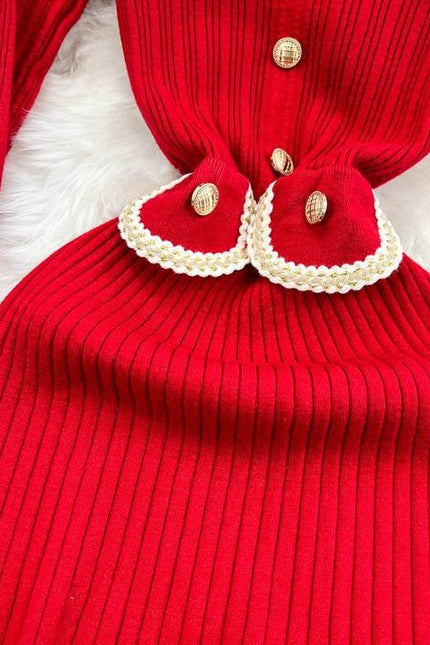 Mulheres Outono Inverno Com Comprimento Médio Vintage Doll Collar Cintura Slimming Knit Dress