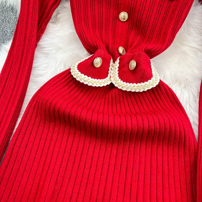 Mulheres Outono Inverno Com Comprimento Médio Vintage Doll Collar Cintura Slimming Knit Dress