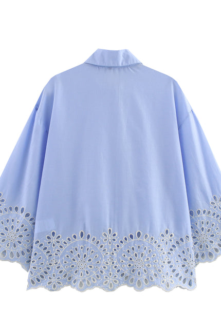Turn Down Collar Long Sleeve Blue Color Buttons up Bottom Embroidery Eyelet Casual Fashion Tops Blouse for Women