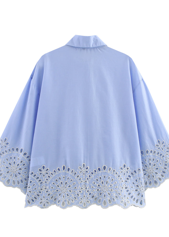 Turn Down Collar Long Sleeve Blue Color Buttons up Bottom Embroidery Eyelet Casual Fashion Tops Blouse for Women
