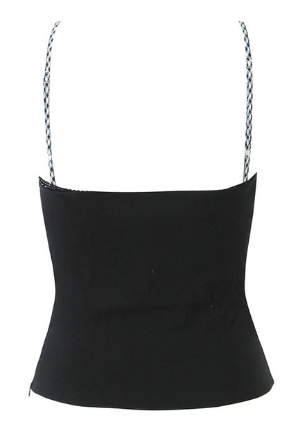 Spaghetti Trap Black Color Front Pleated Patchwork Design Casual Fashion Women's Crop tank Top
