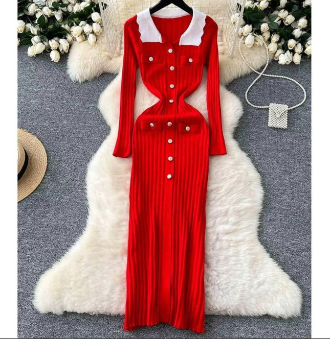 Vintage Collision Lapel Long Sleeve Slim Tight Vertical Knit Dress