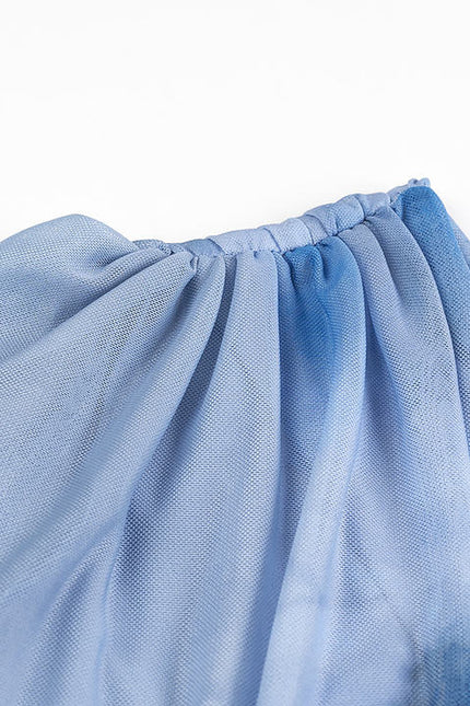 Crew Neck Pleated Sleeveless Blue Color Back Zipper Fly Casual Fashion Maxi Mesh Dress for Women