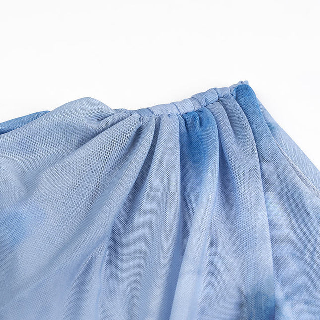 Crew Neck Pleated Sleeveless Blue Color Back Zipper Fly Casual Fashion Maxi Mesh Dress for Women