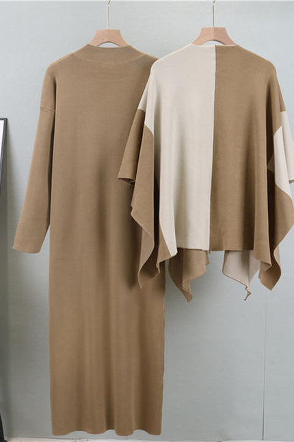 Knit Set Autumn and Winter Clashing Shawl High Collar Knit Dress Two Pieces