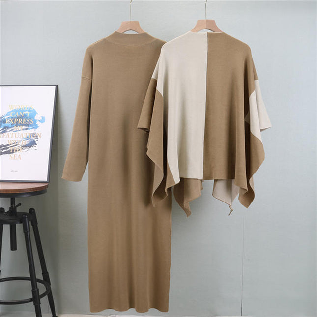 Knit Set Autumn and Winter Clashing Shawl High Collar Knit Dress Two Pieces