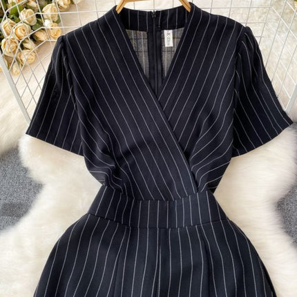 Summer Casual V-neck Jumpsuit High Waist Striped Long Jumpsuit Women