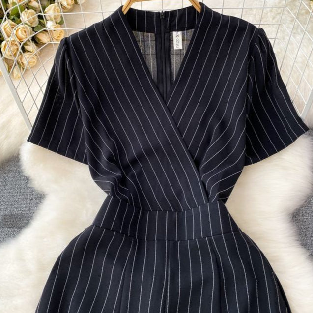 Summer Casual V-neck Jumpsuit High Waist Striped Long Jumpsuit Women