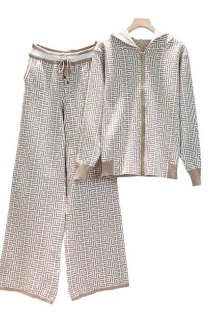 Women'S Fall Winter Knitted Sweater Clothing Hoodie Coat Wide-Legged Pants Two-Piece Set
