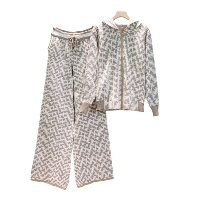 Women'S Fall Winter Knitted Sweater Clothing Hoodie Coat Wide-Legged Pants Two-Piece Set