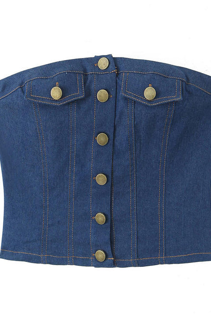 Buttons up Denim Blue Color Strapless Casual Fashion Jeans Crop tank Top for Women