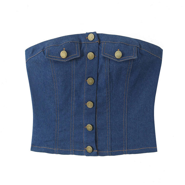 Buttons up Denim Blue Color Strapless Casual Fashion Jeans Crop tank Top for Women