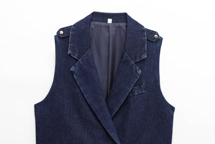 Single Button Denim Blue Color Notched Collar Casual Fashion Jeans Vest Waistcoat for Women