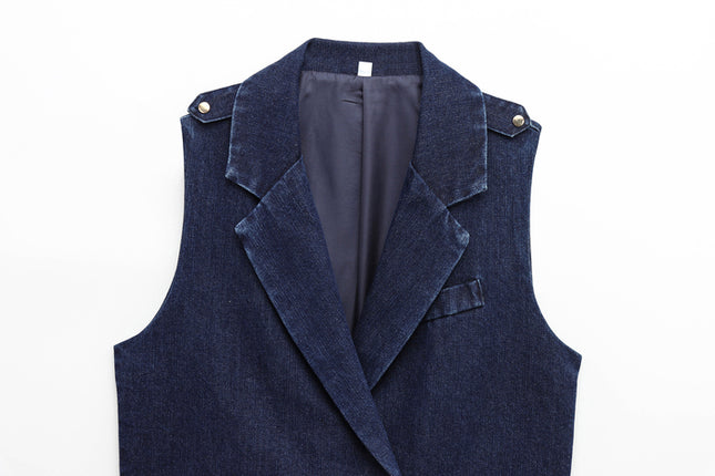 Single Button Denim Blue Color Notched Collar Casual Fashion Jeans Vest Waistcoat for Women