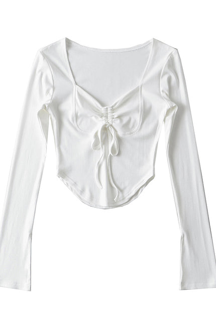 6 Colorway square Collar Front Lace up Long Sleeve Solid Color Casual Women t Shirt