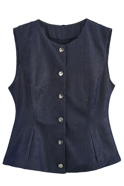 Crew Neck Buttons up Solid Color Casual Fashion Vest Waistcoat for Women