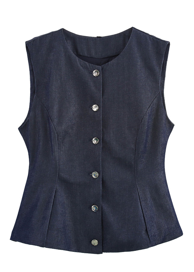 Crew Neck Buttons up Solid Color Casual Fashion Vest Waistcoat for Women
