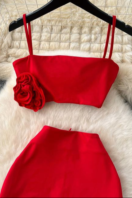 2025 Summer Women Suit Red Short Camisole Vest Open Skirt Two Piece