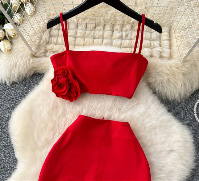 2025 Summer Women Suit Red Short Camisole Vest Open Skirt Two Piece