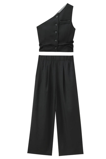 Black Color Buttons up Asymmetrical Design Casual Fashion tank Top for Women