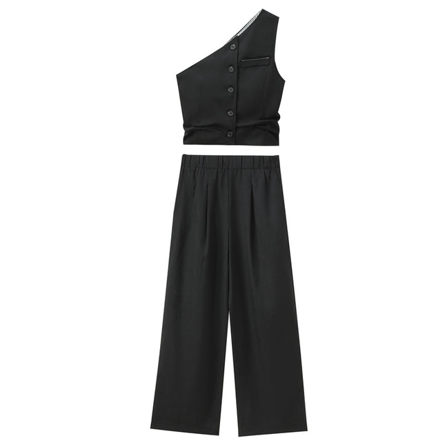 Black Color Buttons up Asymmetrical Design Casual Fashion tank Top for Women