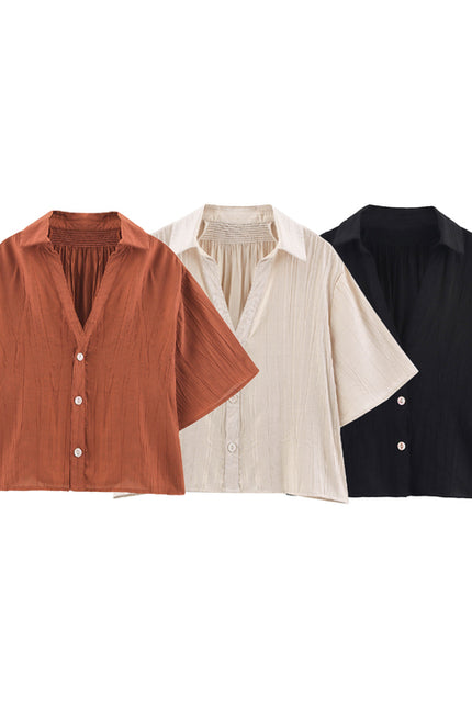 3 Colorway Solid Color Short Sleeve Turn Down Collar Buttons up Casual Fashion Tops Blouse for Women