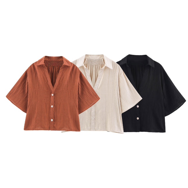 3 Colorway Solid Color Short Sleeve Turn Down Collar Buttons up Casual Fashion Tops Blouse for Women