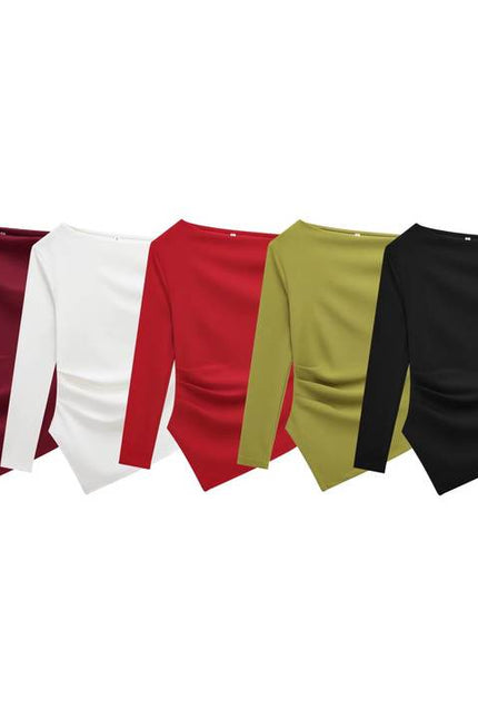 5 Colorway Solid Color Long Sleeve Asymmetrical Design Casual Fashion Blouse Tops for Women