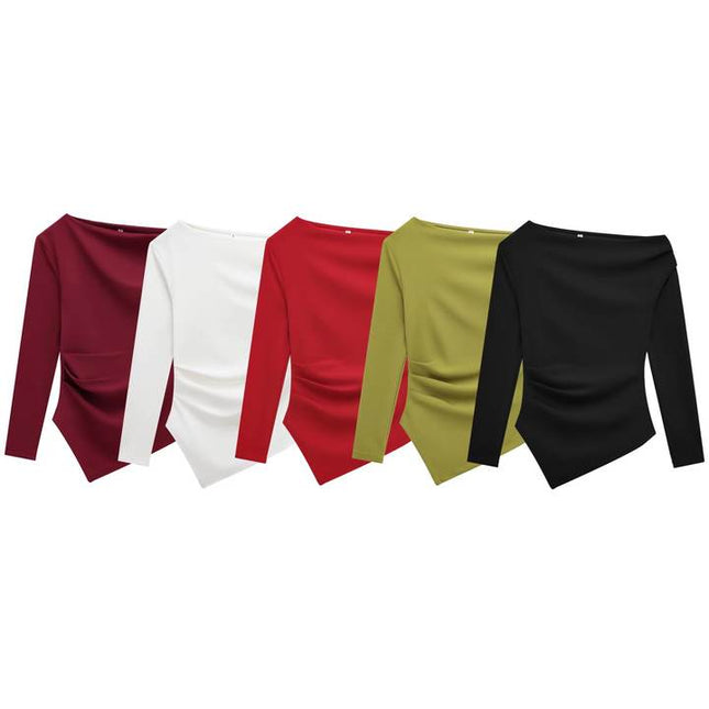 5 Colorway Solid Color Long Sleeve Asymmetrical Design Casual Fashion Blouse Tops for Women