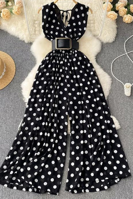Fashion V-Neck Chiffon Stripes Summer New Sleeveless Wide Leg Long Pants Jumpsuit
