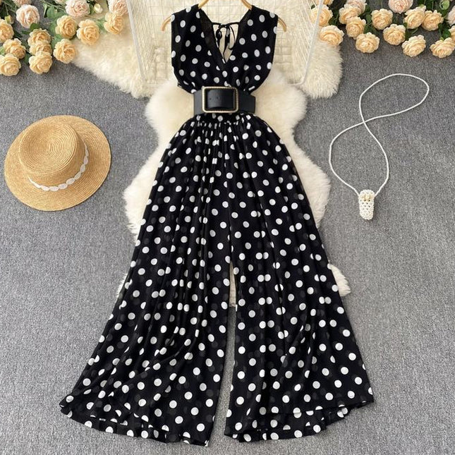 Fashion V-Neck Chiffon Stripes Summer New Sleeveless Wide Leg Long Pants Jumpsuit
