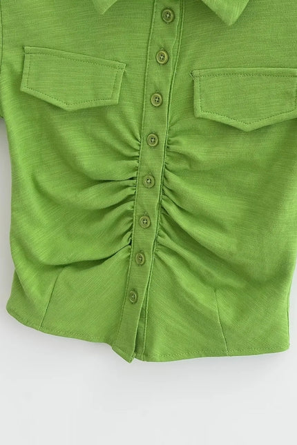 5 Colorway Solid Color Short Sleeve Turn Down Collar Buttons up Casual Shirt for Women