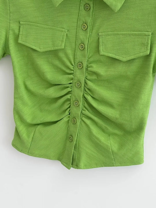 5 Colorway Solid Color Short Sleeve Turn Down Collar Buttons up Casual Shirt for Women