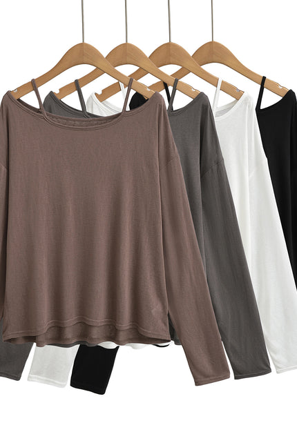 4 Colorway Long Sleeve Solid Color Shoulder Strap Casual Fashion Women t Shirt