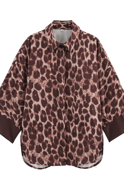Turn Down Collar Long Sleeve Buttons up Blouse Elastic Waist Animal Print Pants Casual Women 2 Piece Set