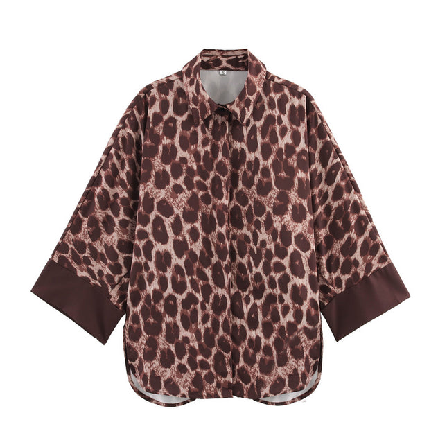 Turn Down Collar Long Sleeve Buttons up Blouse Elastic Waist Animal Print Pants Casual Women 2 Piece Set