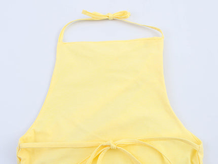 Back Hollow Out Lace up Yellow Color Pleated Casual Fashion Women's Halter tank Tops
