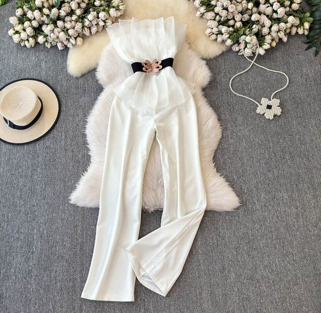 Elegant and Sexy Mesh Spliced One Shoulder Ruffled Edges Cinched Waist for Slimming Jumpsuit