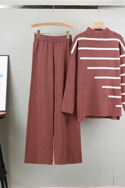 2 Piece Knitted Suit Women Loose Striped Top Casual High Waist Two-piece Pant Set Female Autumn Winter Sweater Set