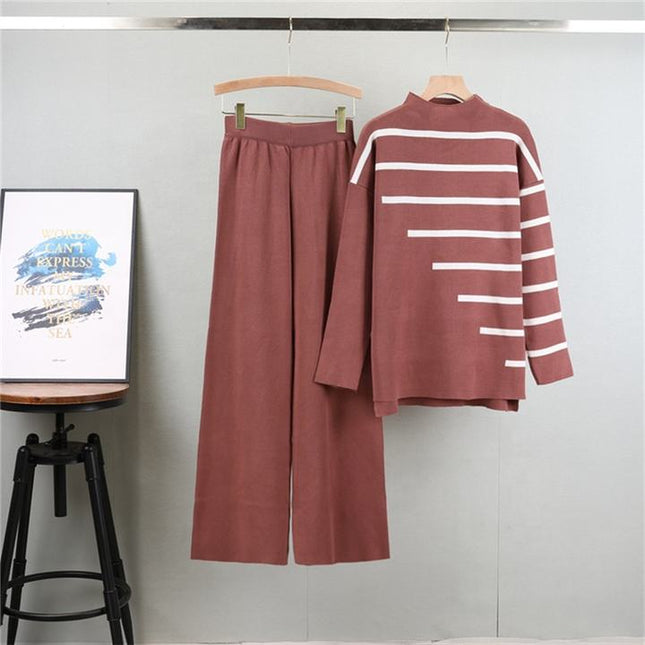 2 Piece Knitted Suit Women Loose Striped Top Casual High Waist Two-piece Pant Set Female Autumn Winter Sweater Set