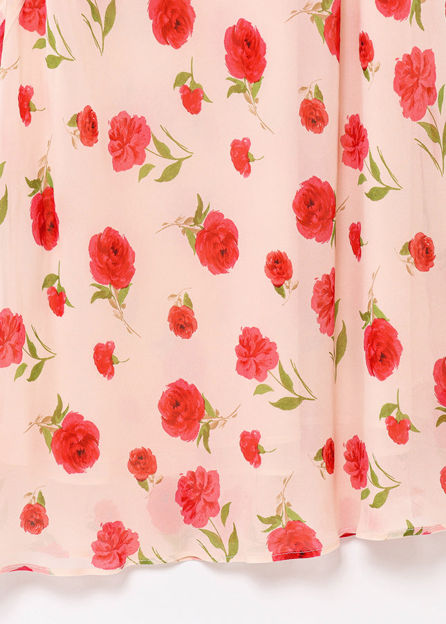 Asymmetrical Design Floral Print pink Color Sashes Casual Fashion Long Dress for Women