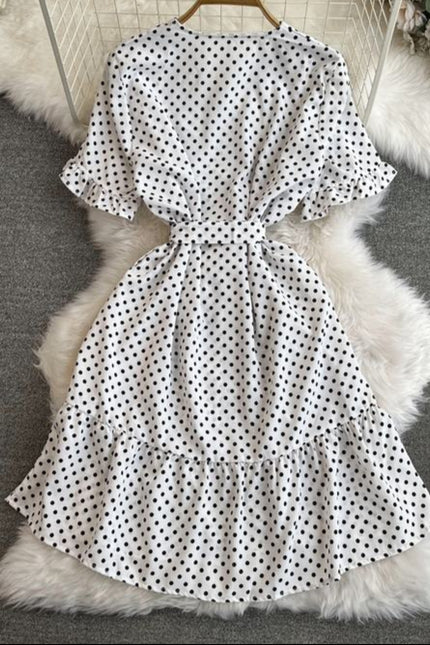 Short Sleeved V-Neck Lace-Up Single-Breasted A-Line Ruffled Polka Dot Dress Female