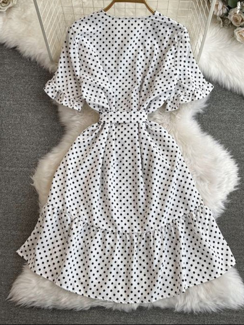 Short Sleeved V-Neck Lace-Up Single-Breasted A-Line Ruffled Polka Dot Dress Female