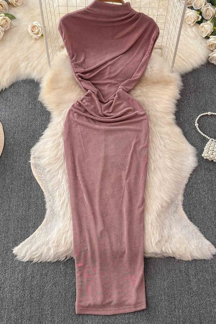 Dress goddess style temperament scheming pleated waist slimming half high collar skirt European and American long skirt