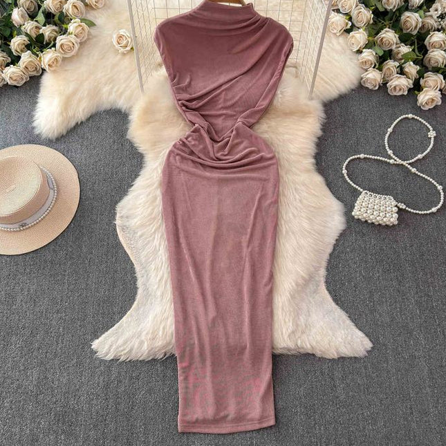 Dress goddess style temperament scheming pleated waist slimming half high collar skirt European and American long skirt