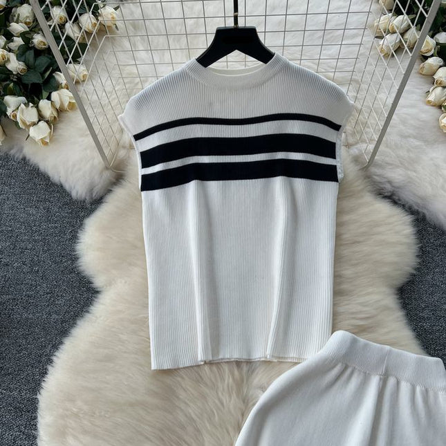 Fashion Suit Women's Summer Fashion Color Contrast Striped Knitted Top High-waisted Casual Wide-leg Pants Two-piece Set