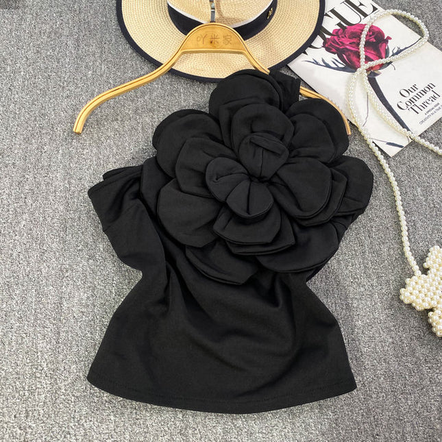 Estereoscópico Grande Flor Slant Pescoço Um Ombro Halter Vest Mulheres Outer Backless Top