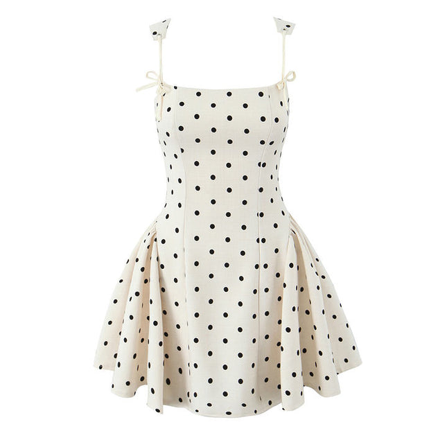 Polka Dot Print Beige Color Shoulder Strap Back Lace up Casual Fashion Mini slip Dress for Ladies