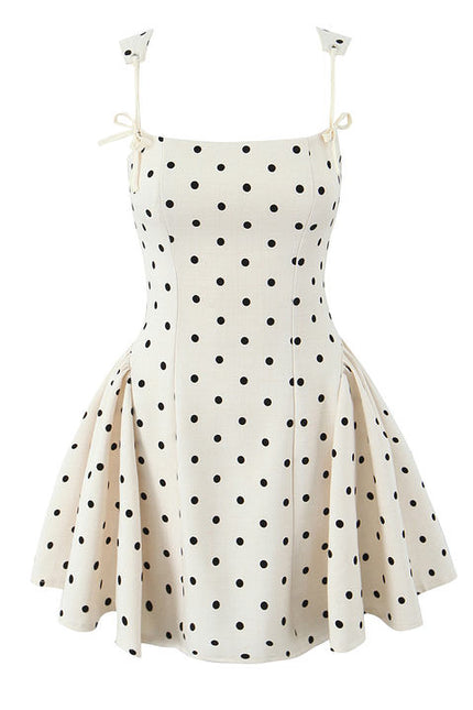 Polka Dot Print Beige Color Shoulder Strap Back Lace up Casual Fashion Mini slip Dress for Ladies