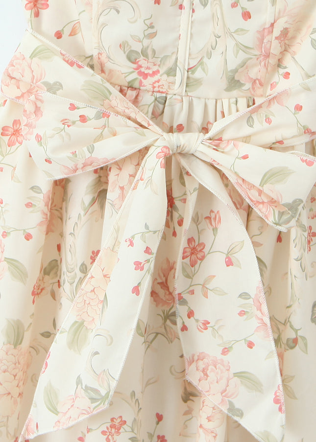 Floral Print Shoulder Strap Front Bow Tie Hot Sale Casual Fashion Summer Long slip Dress for Women